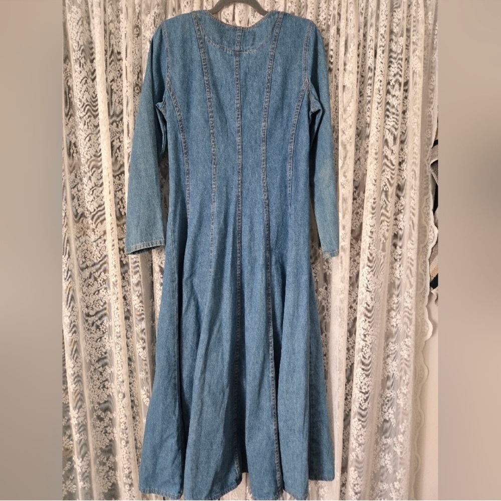 Vintage 1980s Pashu Denim Button Front Dress | Fitted Midi | Long Sleeve - Picture 8 of 9